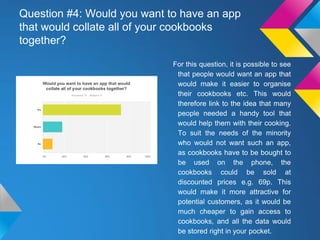 Question #4: Would you want to have an app
that would collate all of your cookbooks
together?
For this question, it is possible to see
that people would want an app that
would make it easier to organise
their cookbooks etc. This would
therefore link to the idea that many
people needed a handy tool that
would help them with their cooking.
To suit the needs of the minority
who would not want such an app,
as cookbooks have to be bought to
be used on the phone, the
cookbooks could be sold at
discounted prices e.g. 69p. This
would make it more attractive for
potential customers, as it would be
much cheaper to gain access to
cookbooks, and all the data would
be stored right in your pocket.
 