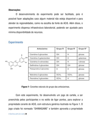 A Química perto de você | 38
Observações:
O desenvolvimento do experimento pode ser facilitado, pois é
possível fazer adaptações caso algum material não esteja disponível e para
atender às regionalidades, como na escolha da fonte de ACiS. Além disso, o
experimento dispensa infraestrutura laboratorial, podendo ser ajustado para
mínima disponibilidade de recursos.
Experimento
Figura 1- Corantes naturais do grupo das antocianinas.
Com este experimento, foi desenvolvido um jogo de cartela, a ser
preenchida pelos participantes e no estilo de ligar pontos, para explorar a
propriedade corante de ACiS, com estrutura genérica ilustrada na Figura 1. O
jogo criado foi nomeado “SHIMAGAME” e também aproveita a propriedade
O
+
OH
OH
OR
R'
OH
R
glicoseHOCH3Peonidina-3-glicosídeo
glicoseOCH3OCH3Malvidina-3-glicosídeo
glicoseHHPelargonidina-3-glicosídeo
glicoseOHOHDelfinidina-3-glicosídeo
rutinoseHOHCianidina-3-rutinosídeo
galactoseHOHCianidina-3-galactosídeo
glicoseHOHCianidina-3-glicosídeo
Grupo R”Grupo R’Grupo RAntocianina
 