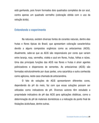 Sociedade Brasileira de Química | 41
está ganhando, pois foram formados dois quadrados completos de cor azul,
contra apenas um quadrado vermelho (coloração obtida com o uso da
solução ácida).
Entendendo o experimento
Na natureza, existem diversas fontes de corantes naturais, dentre elas
frutas e flores típicas do Brasil, que apresentam coloração característica
devido a alguns compostos orgânicos como as antocianinas (ACiS).
Atualmente, sabe-se que as ACiS são responsáveis por cores que variam
entre laranja, rosa, vermelha, violeta e azul em flores, frutas, folhas e raízes.
Uma das principais funções das ACiS nas flores e frutas é atrair agentes
polinizadores e dispersores de sementes. As antocianinas (ACiS) são
formadas estruturalmente por duas partes, uma sacarídica e outra conhecida
como aglicona, neste caso chamada de antocianidina.
O fato de soluções de ACiS apresentarem diferentes cores,
dependendo do pH do meio, faz com que essas soluções possam ser
utilizadas como indicadores de pH. Diversos autores têm estudado a
propriedade indicadora de pH das ACiS para aplicações didáticas, como a
determinação do pH de materiais domésticos e a indicação do ponto final de
titulações ácido/base, dentre outras.
 