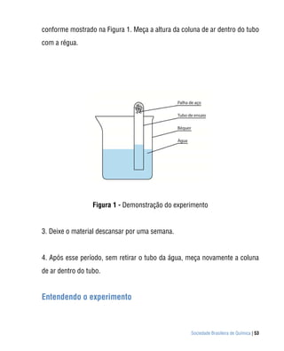 Sociedade Brasileira de Química | 53
conforme mostrado na Figura 1. Meça a altura da coluna de ar dentro do tubo
com a régua.
Figura 1 - Demonstração do experimento
3. Deixe o material descansar por uma semana.
4. Após esse período, sem retirar o tubo da água, meça novamente a coluna
de ar dentro do tubo.
Entendendo o experimento
 