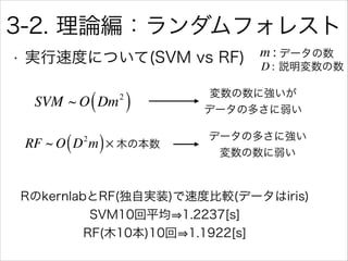 3-2. 理論編：ランダムフォレスト
• 実行速度について(SVM vs RF) データの数
SVM ~ O Dm2
( )
RF ~ O D2
m( )×
D :
m :
RのkernlabとRF(独自実装)で速度比較(データはiris)
S...