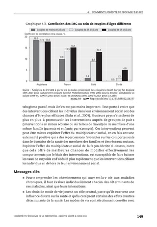 4. COMMENT L’OBÉSITÉ SE PROPAGE-T-ELLE?
L’OBÉSITÉ ET L’ÉCONOMIE DE LA PRÉVENTION : OBJECTIF SANTÉ © OCDE 2010
149
tabagisme passif, mais il n’en est pas moins important. Tout porte à croire que
des interventions ciblant les individus dans leur environnement social ont des
chances d’être plus efficaces (Bahr et al., 2009). Plusieurs pays s’attachent de
plus en plus à promouvoir les interventions auprès de groupes de pair s
(interventions en milieu scolaire ou sur le lieu de travail) ou de membres d’une
même famille (parents et enf ants par exemple). Ces interventions peuvent
peut-être mieux exploiter l’effet du multiplicateur social, en en fais ant une
externalité positive qui a des répercussions favorables sur les comportements
dans le domaine de la santé des membres des familles et des réseaux sociaux.
Exploiter l’effet du multiplicateur social de la façon décrite ci-dessus, outre
que cel a offre de mei lleures c hances de modifier eff ectivement les
comportements par le biais des interventions, est susceptible de faire baisser
les taux de surpoids et d’obésité plus rapidement que les interventions ciblant
les individus en dehors de leur environnement social.
Messages clés
● Pour c omprendre l es cheminements qui ouvr ent la v oie aux maladies
chroniques, il faut évaluer individuellement chacun des déterminants de
ces maladies, ainsi que leurs interactions.
● Les choix de mode de vie jouen t un rôle central, parce qu’ils exercent une
influence directe sur la santé et qu’ils catalysent certains des effets d’autres
déterminants de la santé. Les modes de vie sont étroitement corrélés avec
Graphique 4.3. Corrélation des IMC au sein de couples d’âges différents
Source : Analyses de l’OCDE à partir de données provenant des enquêtes Health Survey for England
1995-2007 pour l’Angleterre; Enquête Santé et Protection Sociale 1995-2006 pour la France; Condizione di
Salute 1994-95, 2000 et 2005 pour l’Italie; et KNHANES1998, 2001 et 2005 pour la Corée.
1 2 http://dx.doi.org/10.1787/888932326337
0
5
10
15
20
18.5
9.9
1.4
0.0
17.7
13.5
8.8
1.3
17.8
15.1
13.1
4.9
Couples de moins de 30 ans Couples de 31 à 50 ans Couples de 51 à 65 ans
Angleterre France Italie Corée
Coefficient de corrélation intra-classe, %
 
