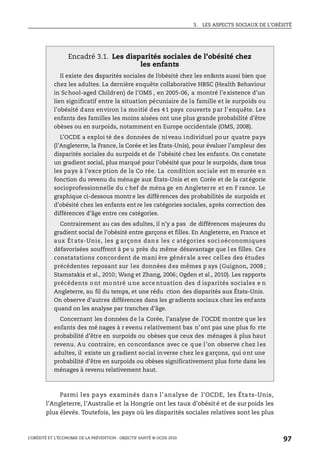 3. LES ASPECTS SOCIAUX DE L’OBÉSITÉ
L’OBÉSITÉ ET L’ÉCONOMIE DE LA PRÉVENTION : OBJECTIF SANTÉ © OCDE 2010
97
Parmi les pays examinés dans l’analyse de l’OCDE, les Éta ts-Unis,
l’Angleterre, l’Australie et la Hongrie ont les taux d’obésité et de surpoids les
plus élevés. Toutefois, les pays où les disparités sociales relatives sont les plus
Encadré 3.1. Les disparités sociales de l’obésité chez
les enfants
Il existe des disparités sociales de l’obésité chez les enfants aussi bien que
chez les adultes. La dernière enquête collaborative HBSC (Health Behaviour
in School-aged Children) de l’OMS , en 2005-06, a montré l’existence d’un
lien significatif entre la situation pécuniaire de la famille et le surpoids ou
l’obésité dans environ la moitié des 41 pays couverts par l’enquête. Les
enfants des familles les moins aisées ont une plus grande probabilité d’être
obèses ou en surpoids, notamment en Europe occidentale (OMS, 2008).
L’OCDE a exploi té des données de niveau individuel pour quatre pays
(l’Angleterre, la France, la Corée et les États-Unis), pour évaluer l’ampleur des
disparités sociales du surpoids et de l’obésité chez les enfants. On c onstate
un gradient social, plus marqué pour l’obésité que pour le surpoids, dans tous
les pays à l’exce ption de la Co rée. La condition sociale est m esurée en
fonction du revenu du ménage aux États-Unis et en Corée et de la catégorie
socioprofessionnelle du c hef de ména ge en Angleterre et en F rance. Le
graphique ci-dessous montre les différences des probabilités de surpoids et
d’obésité chez les enfants ent re les catégories sociales, après correction des
différences d’âge entre ces catégories.
Contrairement au cas des adultes, il n’y a pas de différences majeures du
gradient social de l’obésité entre garçons et filles. En Angleterre, en France et
aux Ét ats-Unis, les g arçons dan s les c atégories soci oéconomiques
défavorisées souffrent à pe u près du même désavantage que l es filles. Ces
constatations concordent de mani ère générale avec celles des études
précédentes reposant sur les données des mêmes p ays (Guignon, 2008 ;
Stamatakis et al., 2010; Wang et Zhang, 2006; Ogden et al., 2010). Les rapports
précédents o nt mo ntré u ne acce ntuation des d isparités sociales e n
Angleterre, au fil du temps, et une rédu ction des disparités aux États-Unis.
On observe d’autres différences dans les gradients sociaux chez les enfants
quand on les analyse par tranches d’âge.
Concernant les données de la Corée, l’analyse de l’OCDE montre que les
enfants des mé nages à r evenu relativement bas n’ont pas une plus fo rte
probabilité d’être en surpoids ou obèses que ceux des ménages à plus haut
revenu. Au contraire, en concordance avec ce que l’on observe chez les
adultes, il existe un g radient social inverse chez les garçons, qui ont une
probabilité d’être en surpoids ou obèses significativement plus forte dans les
ménages à revenu relativement haut.
 