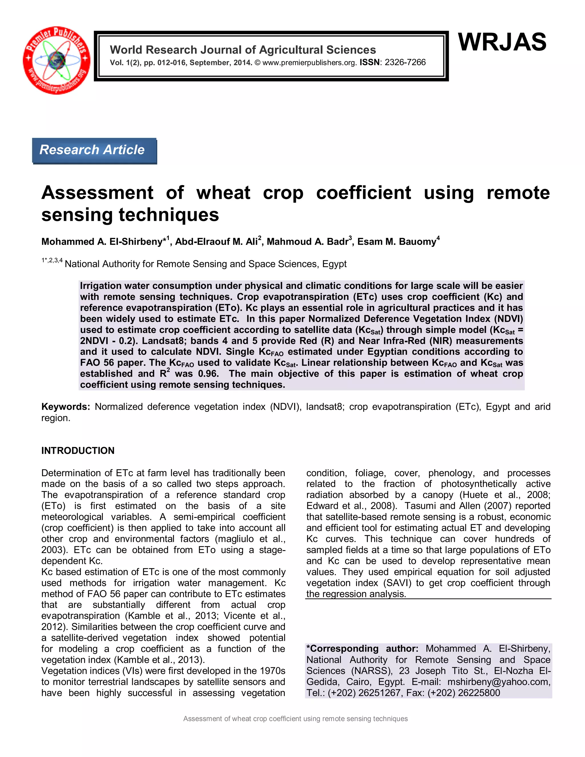 Assessment of wheat crop coefficient using remote sensing techniques | PDF