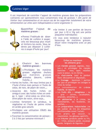 Cuisinez léger 
Il est important de contrôler l’apport de matières grasses dans les préparations 
culinaires car spontanément nous consommons trop de graisses ! (On parle de 
limiter leur consommation et en aucun cas de les supprimer totalement de votre 
alimentation car elles sont indispensables à votre organisme !) 
• Se limiter à une portion de beurre 
par jour (≈10 à 12g soit une petite 
plaquette individuelle) 
• Si vous avez tendance à rajouter 
beaucoup de matières grasses, 
diluer votre vinaigrette avec un peu 
d’eau. 
Quantifier l’ajout de 
matières grasses : 
• Prenez l’habitude de doser 
à l’aide de cuillère à soupe; 
cela est beaucoup plus visuel 
et limitera les excès. Vous ne 
devez pas dépasser 2 cuillè-res 
à soupe d’huile par jour! 
Cho i s i r le s bo nn e s 
matières grasses : 
• Privilégiez les matières 
grasses végétales (huiles) 
aux matières gras ses 
animales (beurre, crème 
fraîche…) 
• Variez les huiles : Ne vous limitez pas à 
l’huile d’olive mais pensez à l’huile de 
colza, de noix, de pépin de raisin,… 
• Associez des huiles riches en 
oméga 6 avec des huiles riches en omé-ga 
3, type : olive-colza ou olive-noix, 
olive-pépin de raisin, olive-soja… 
• Limitez fortement le saindoux, la 
végétaline et l’huile de palme riches 
en acides gras saturés 
• Privilégiez une utilisation CRUES des 
matières grasses 
• Favorisez la consommation de poisson : 
2 à 3 fois par semaine minimum ! 
Evitez au maximum 
les aliments gras: 
• Les viandes grasses (agneau, mou-ton…) 
et privilégier les viandes 
blanches : veau, lapin, volailles 
(sans la peau), ou le cheval… 
• La charcuterie (sauf le jambon 
blanc découenné et dégraissé), 
• Le fromage : Maximum 1 portion 
par jour et privilégier les laitages le 
reste du temps 
• La consommation de crème 
fraîche, de beurre 
• Les fruits dits « oléagineux » ou 
« gras » (olives, cacahuètes, 
amandes, pistaches…), 
• Les pâtisseries à la crème, les 
viennoiseries, les feuilletés, les 
quiches, … 
• Les préparations industrielles (ne 
pas oublier de lire les étiquettes 
nutritionnelles avant l’achat). 
• L e s p l a t s e n s a u ce , l a 
mayonnaise, les gâteaux apéritifs, 
• Les fritures (produits panés ou fris, 
ex : frites, poissons panés, escalope 
panée, beignets de légumes…) 
10 
 