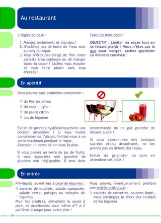 14 
Au restaurant 
Faire les bons choix : 
OBJECTIF : Limiter les excès tout en 
se faisant plaisir ! Vous n’êtes pas là 
que pour manger, sachez apprécier 
ce moment convivial ! 
3 règles de base : 
1. Mangez lentement, et discutez ! 
2. N’oubliez pas de boire de l’eau tout 
au long du repas 
3. Vous n’êtes pas obligé de finir votre 
assiette trop copieuse ou de manger 
toute la sauce ! Sachez vous écouter 
et vous faire plaisir sans trop 
d’excès ! 
En apéritif 
recommandé de ne pas prendre de 
dessert sucré ! 
Si vous consommez des boissons 
sucrées et/ou alcoolisées, ne les 
prenez pas en dehors des repas. 
Eviter de grignoter du pain en 
attendant vos plats ! 
Vous pouvez sans problème consommer : 
√ Un Perrier citron 
√ Un soda « light » 
√ Un pulco citron 
√ Jus de légumes 
Eviter de prendre systématiquement une 
boisson alcoolisée ! Si vous voulez 
consommer de l’alcool, limitez-vous à un 
verre maximum pendant le repas. 
Exemple : 1 verre de vin avec le plat. 
Si vous prenez un verre de jus de fruits, 
il vous apportera une quantité de 
glucides non négligeable. Il sera donc 
En entrée 
Vous pouvez éventuellement prendre 
une entrée protidique : 
√ assiette de crevettes, saumon fumé… 
mais privilégiez le choix des crudités 
et/ou légumes. 
Privilégiez les entrées à base de légumes : 
√ assiette de crudités, salade composée, 
salade verte, potages ou veloutés de 
légumes… 
Pour les crudités, demandez la sauce à 
part, et assaisonnez vous même d’1 à 2 
cuillères à soupe pour votre plat ! 
 