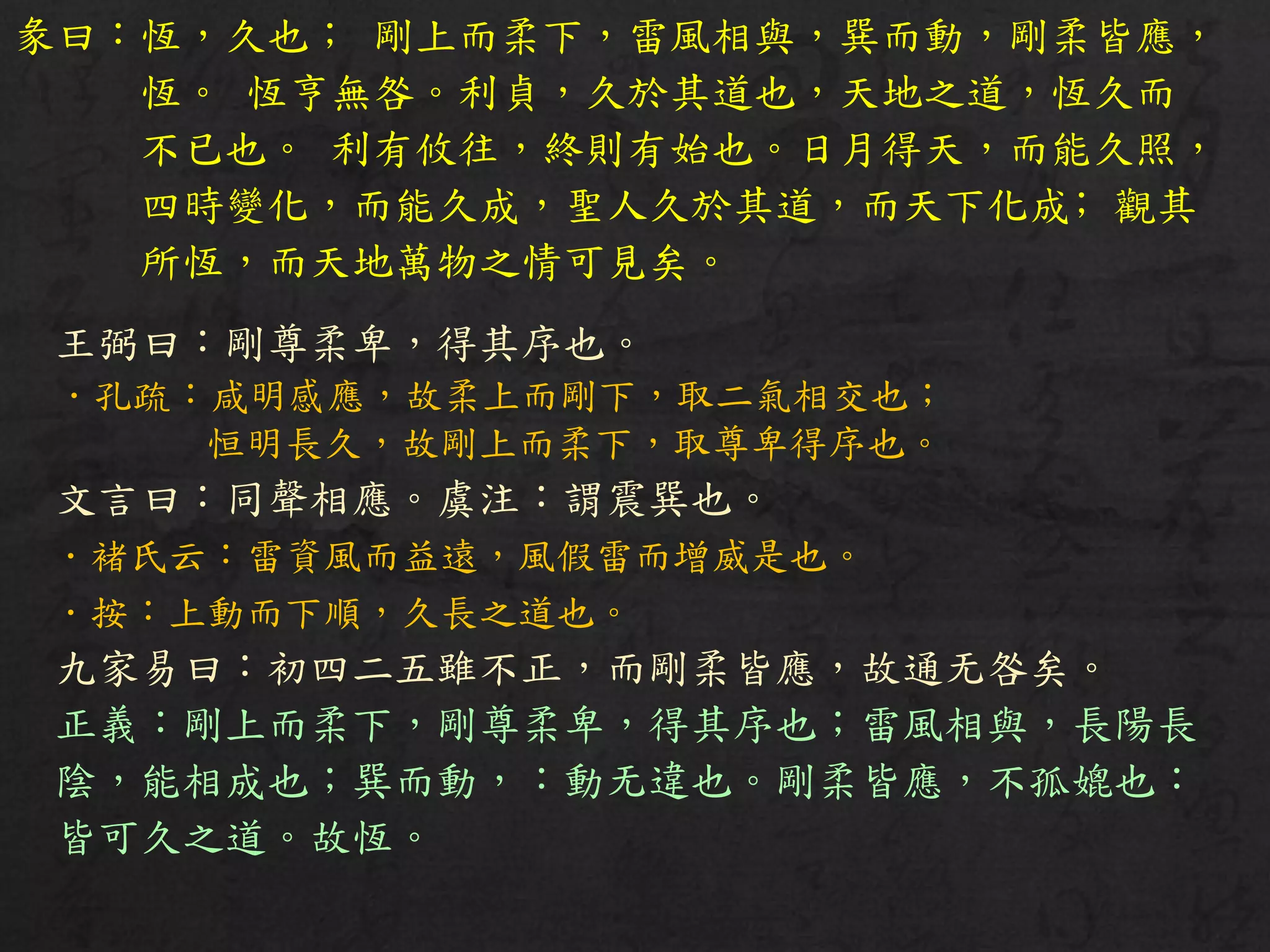 彖曰：恆，久也； 剛上而柔下，雷風相與，巽而動，剛柔皆應，
恆。 恆亨無咎。利貞，久於其道也，天地之道，恆久而
不已也。 利有攸往，終則有始也。日月得天，而能久照，
四時變化，而能久成，聖人久於其道，而天下化成﹔觀其
所恆，而天地萬物之情可見矣。
王弼曰：剛尊柔卑，得其序也。
．孔疏：咸明感應，故柔上而剛下，取二氣相交也；
恒明長久，故剛上而柔下，取尊卑得序也。
文言曰：同聲相應。虞注：謂震巽也。
．褚氏云：雷資風而益遠，風假雷而增威是也。
．按：上動而下順，久長之道也。
九家易曰：初四二五雖不正，而剛柔皆應，故通无咎矣。
正義：剛上而柔下，剛尊柔卑，得其序也；雷風相與，長陽長
陰，能相成也；巽而動，：動无違也。剛柔皆應，不孤媲也：
皆可久之道。故恆。
 
