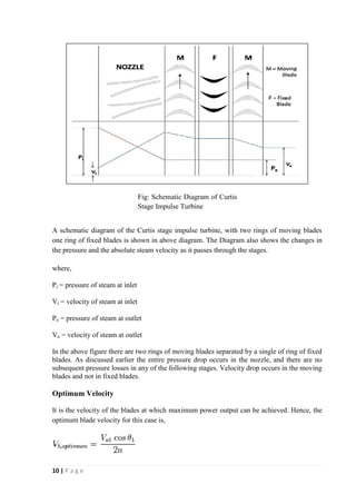 A schematic diagram of the Curtis stage impulse turbine, with two rings of moving blades 
one ring of fixed blades is shown in above diagram. The Diagram also shows the changes in 
the pressure and the absolute steam velocity as it passes through the stages. 
where, 
Pi = pressure of steam at inlet 
Vi = velocity of steam at inlet 
Po = pressure of steam at outlet 
Vo = velocity of steam at outlet 
In the above figure there are two rings of moving blades separated by a single of ring of fixed 
blades. As discussed earlier the entire pressure drop occurs in the nozzle, and there are no 
subsequent pressure losses in any of the following stages. Velocity drop occurs in the moving 
blades and not in fixed blades. 
Optimum Velocity 
It is the velocity of the blades at which maximum power output can be achieved. Hence, the 
optimum blade velocity for this case is, 
10 | P a g e 
Fig: Schematic Diagram of Curtis 
Stage Impulse Turbine 
 