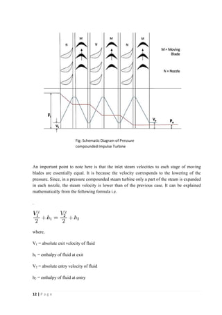 An important point to note here is that the inlet steam velocities to each stage of moving 
blades are essentially equal. It is because the velocity corresponds to the lowering of the 
pressure. Since, in a pressure compounded steam turbine only a part of the steam is expanded 
in each nozzle, the steam velocity is lower than of the previous case. It can be explained 
mathematically from the following formula i.e. 
. 
where, 
V1 = absolute exit velocity of fluid 
h1 = enthalpy of fluid at exit 
V2 = absolute entry velocity of fluid 
h2 = enthalpy of fluid at entry 
12 | P a g e 
Fig: Schematic Diagram of Pressure 
compounded Impulse Turbine 
 