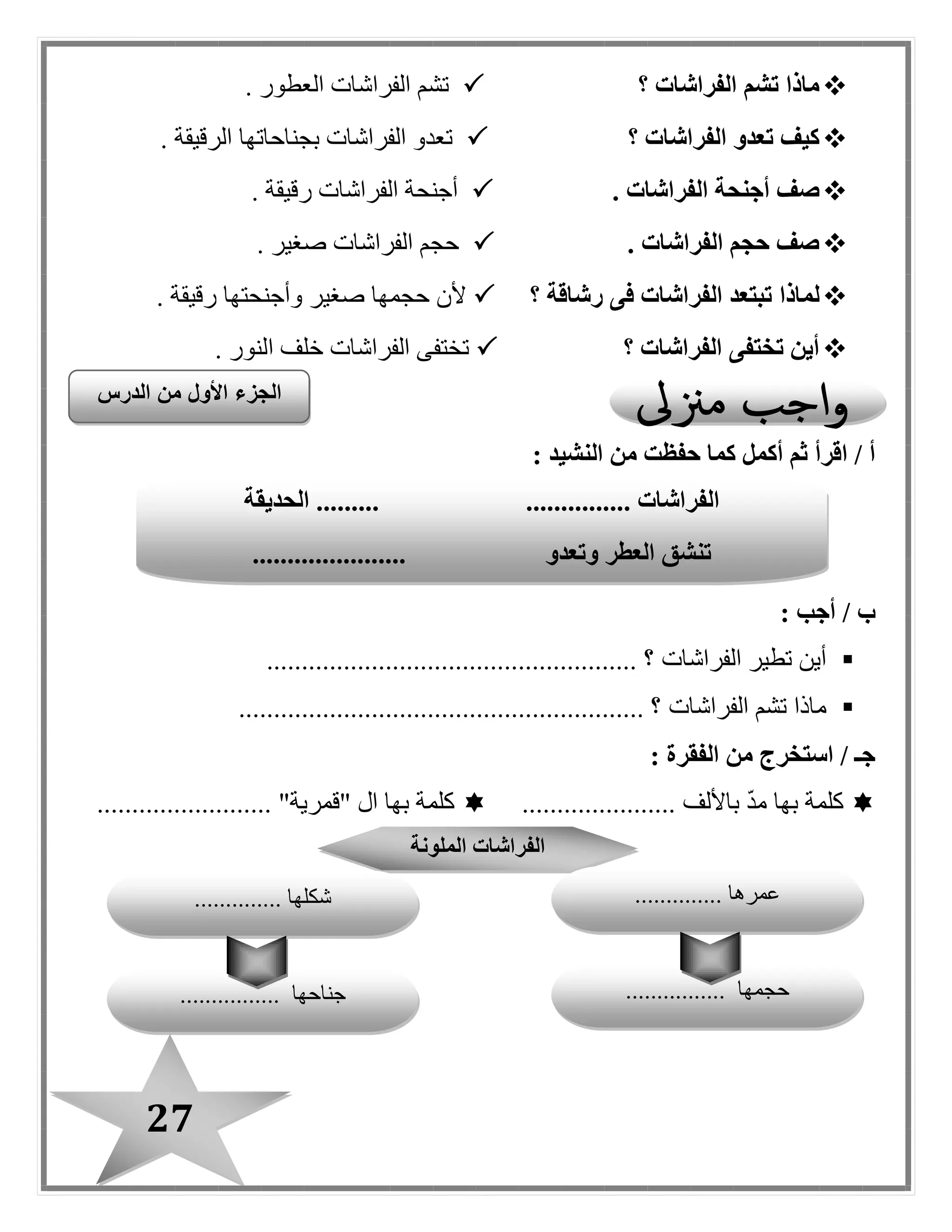 27
‫الفراشات‬ ‫تشم‬ ‫ماذا‬‫؟‬‫العطور‬ ‫الفراشات‬ ‫تشم‬.
‫الفراشات‬ ‫تعدو‬ ‫كيف‬‫؟‬‫الرقيقة‬ ‫ببناحاتها‬ ‫الفراشات‬ ‫تعدو‬.
‫صف‬. ‫الفراشات‬ ‫أجنحة‬‫رقيقة‬ ‫الفراشات‬ ‫أجنحة‬.
. ‫الفراشات‬ ‫حجم‬ ‫صف‬. ‫صغير‬ ‫الفراشات‬ ‫حبم‬
‫ل‬‫ما‬‫ذا‬‫؟‬ ‫رشاقة‬ ‫فى‬ ‫الفراشات‬ ‫تبتعد‬. ‫رقيقة‬ ‫وأجنحتها‬ ‫صغير‬ ‫حبمها‬ ‫ألن‬
‫؟‬ ‫الفراشات‬ ‫تختفى‬ ‫أين‬‫النور‬ ‫خلف‬ ‫الفراشات‬ ‫تختفى‬.
: ‫النشيد‬ ‫من‬ ‫حفظت‬ ‫كما‬ ‫أكمل‬ ‫ثم‬ ‫اقرأ‬ / ‫أ‬
: ‫أجب‬ / ‫ب‬
‫الفراشات‬ ‫تطير‬ ‫أين‬..................................................... ‫؟‬
‫الفراشات‬ ‫تشم‬ ‫ماذا‬.......................................................... ‫؟‬
: ‫الفقرة‬ ‫من‬ ‫استخرج‬ / ‫جـ‬
‫باأل‬ ‫مد‬ ‫بها‬ ‫كلمة‬‫لف‬............................................... "‫"قمرية‬ ‫ال‬ ‫بها‬ ‫كلمة‬
‫الحديقة‬ ......... ............... ‫الفراشات‬
...................... ‫وتعدو‬ ‫العطر‬ ‫تنشق‬
‫الدرس‬ ‫من‬ ‫األول‬ ‫الجزء‬
‫الملونة‬ ‫الفراشات‬
‫عمرها‬..............
‫حبمها‬................‫جناحها‬................
‫شكلها‬..............
 