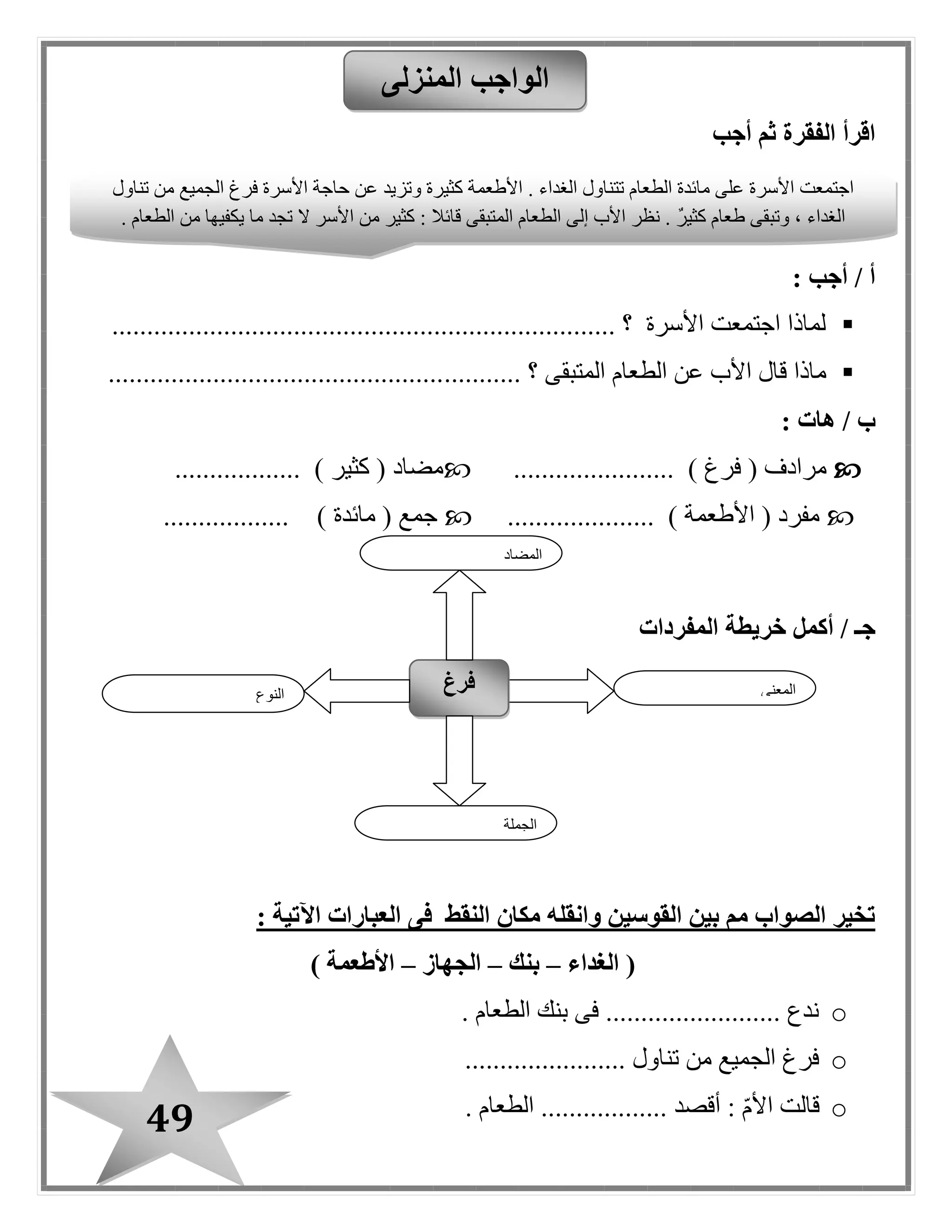49
‫أجب‬ ‫ثم‬ ‫الفقرة‬ ‫اقرأ‬
: ‫أجب‬ / ‫أ‬
................................... ‫؟‬ ‫األسرة‬ ‫اجتمعت‬ ‫لماذا‬.....................................
‫المت‬ ‫الطعام‬ ‫عن‬ ‫األب‬ ‫قال‬ ‫ماذا‬‫بقى‬........... ‫؟‬................................................
/ ‫ب‬‫هات‬:
‫مرادف‬(‫فرغ‬....................... )‫مضاد‬(‫كثير‬........... ).......
‫مفرد‬(‫األطعمة‬...... )...............‫جمع‬(‫مائدة‬.................. )
‫أ‬ / ‫جـ‬‫كمل‬‫خريطة‬‫المفردات‬
: ‫اآلتية‬ ‫العبارات‬ ‫فى‬ ‫النقط‬ ‫مكان‬ ‫وانقله‬ ‫القوسين‬ ‫بين‬ ‫مم‬ ‫الصواب‬ ‫تخير‬
‫الغداء‬ (–‫بنك‬–‫الجهاز‬–) ‫األطعمة‬
o. ‫الطعام‬ ‫بنك‬ ‫فى‬ ......................... ‫ندع‬
o....................... ‫تناول‬ ‫من‬ ‫البميع‬ ‫فرغ‬
o................ ‫أقصد‬ : ‫األم‬ ‫قالت‬. ‫الطعام‬ ..
‫المنزلى‬ ‫الواجب‬
‫النوع‬
‫فرغ‬ ‫المعنى‬
‫الجملة‬
‫المضاد‬
‫تناول‬ ‫من‬ ‫البميع‬ ‫فرغ‬ ‫األسرة‬ ‫حاجة‬ ‫عن‬ ‫وتزيد‬ ‫كثيرة‬ ‫األطعمة‬ . ‫الغداء‬ ‫تتناول‬ ‫الطعام‬ ‫مائدة‬ ‫على‬ ‫األسرة‬ ‫اجتمعت‬
. ‫الطعام‬ ‫من‬ ‫يكفيها‬ ‫ما‬ ‫تبد‬ ‫ال‬ ‫األسر‬ ‫من‬ ‫كثير‬ : ‫قائال‬ ‫المتبقى‬ ‫الطعام‬ ‫إلى‬ ‫األب‬ ‫نظر‬ . ٌ‫ر‬‫كثي‬ ‫طعام‬ ‫وتبقى‬ ، ‫الغداء‬
 