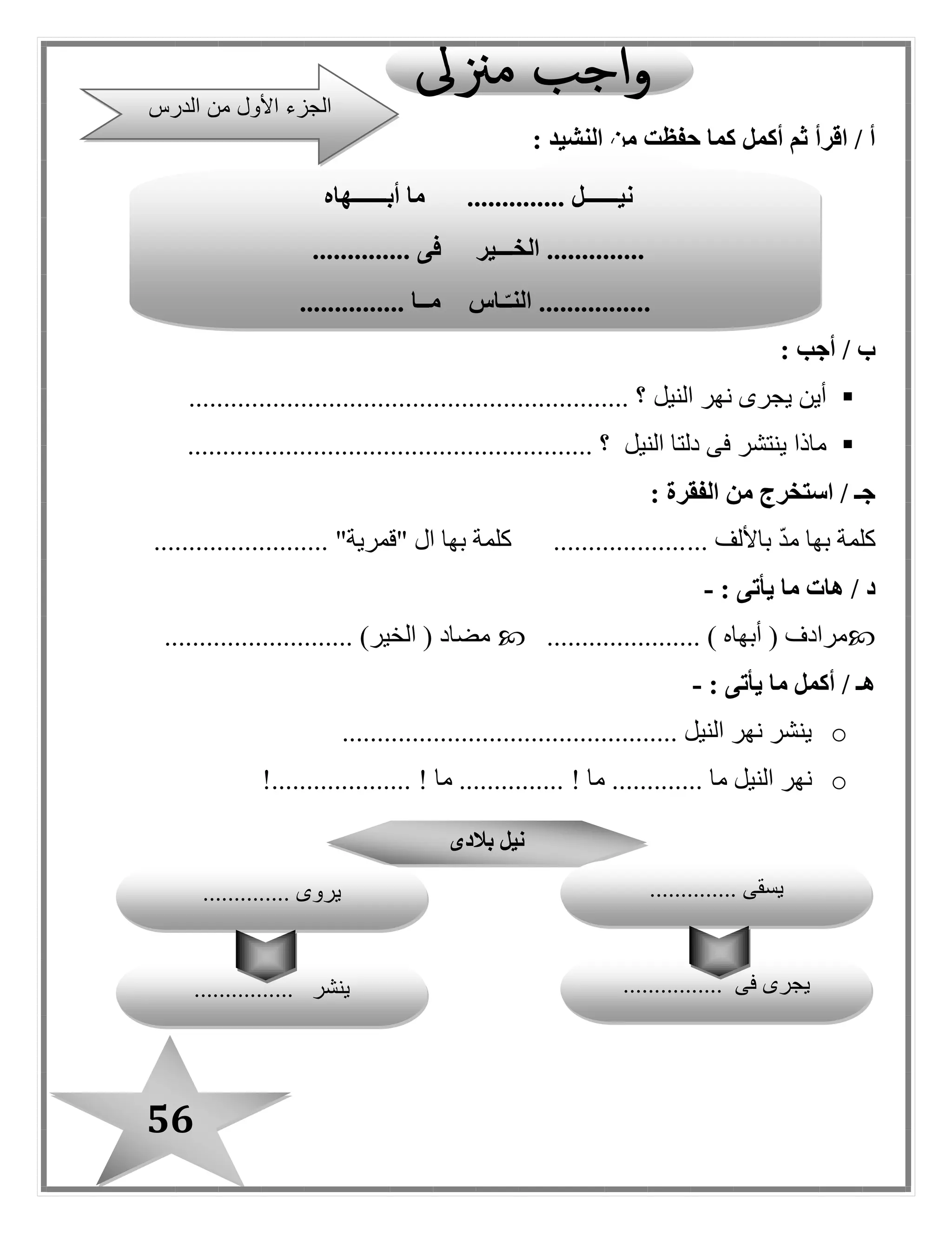 56
‫أكمل‬ ‫ثم‬ ‫اقرأ‬ / ‫أ‬: ‫النشيد‬ ‫من‬ ‫حفظت‬ ‫كما‬
: ‫أجب‬ / ‫ب‬
‫أين‬‫النيل‬ ‫نهر‬ ‫يبرى‬..................................................... ‫؟‬..........
‫ماذا‬‫النيل‬ ‫دلتا‬ ‫فى‬ ‫ينتشر‬.......................................................... ‫؟‬
: ‫الفقرة‬ ‫من‬ ‫استخرج‬ / ‫جـ‬
‫باأل‬ ‫مد‬ ‫بها‬ ‫كلمة‬‫لف‬............................ "‫"قمرية‬ ‫ال‬ ‫بها‬ ‫كلمة‬ ...................
: ‫يأتى‬ ‫ما‬ ‫هات‬ / ‫د‬-
...................... ) ‫أبهاه‬ ( ‫مرادف‬........................... )‫الخير‬ ( ‫مضاد‬
: ‫يأتى‬ ‫ما‬ ‫أكمل‬ / ‫هـ‬-
o........................................ ‫النيل‬ ‫نهر‬ ‫ينشر‬........
o‫ما‬ ............. ‫ما‬ ‫النيل‬ ‫نهر‬!‫ما‬ ...............!....................!
‫أبــــــهاه‬ ‫ما‬ .............. ‫نيــــــل‬
.............. ‫فى‬ ‫الخـــير‬ ..............
............... ‫مــا‬ ‫ـاس‬ّ‫النـ‬ ................
‫الدرس‬ ‫من‬ ‫األول‬ ‫الجزء‬
‫بالدى‬ ‫نيل‬
‫يسقى‬..............
‫فى‬ ‫يبرى‬................‫ينشر‬................
‫يروى‬..............
 