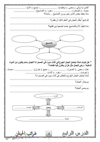 12
...................... : )‫األم‬ ( :‫مع‬‫م‬‫جم‬ ،.......................... : )‫مده‬‫م‬‫يعتق‬ ( : ‫مى‬‫م‬‫معن‬ ‫م‬‫م‬: ‫مأتي‬‫م‬‫ي‬ ‫ما‬‫م‬‫م‬ ‫مل‬‫م‬‫أكم‬، ....
.............................. : )‫التماسيح‬ ( : ‫مفرد‬ ، ......................... : )‫الصغار‬ ( : ‫مهاد‬
‫ولماذا؟‬ ... ‫التماسيح‬ ‫يرون‬ ‫حين‬ ‫الناس‬ ‫بعض‬ ‫يعتقد‬ ‫ماذا‬
.............................................................................................................
‫يفقح؟‬ ‫أن‬ ‫قبل‬ ‫الحفرة‬ ‫في‬ ‫البيض‬ ‫يظل‬ ‫ا‬‫ا‬‫شهر‬ ‫ك‬
.............................................................................................................
‫فكيها؟‬ ‫بين‬ ‫تهعها‬ ‫عندما‬ ‫بالتماسيح‬ ‫األم‬ ‫تفعل‬ ‫ماذا‬
.............................................................................................................
‫المواد‬ ‫من‬ ‫يتكون‬ ‫سنام‬ ‫للجمل‬ ‫الصحراء؟‬ ‫في‬ ‫سيره‬ ‫أثناء‬ ‫في‬ ‫الجوع‬ ‫الجمل‬ ‫يتحمل‬ ‫لماذا‬ ‫تعرف‬ ‫هل‬ "
"‫طعامه‬ ‫فيه‬ ‫يختزن‬ ‫خزان‬ ‫مثل‬ ‫للجمل‬ ‫وهي‬ ، ‫الدهنية‬
...................... : )‫الصبر‬ ( : ‫معنى‬ : ‫هات‬: ‫مهماد‬ ، .......................... : )‫خمزان‬ ( :‫جمع‬ ،....
.............................. : )‫أثناء‬ ( : ‫مفرد‬ ، ......................... : )‫تعرف‬ (
‫الصحراء؟‬ ‫في‬ ‫سيره‬ ‫أثناء‬ ‫في‬ ‫والعطف‬ ‫الجوع‬ ‫الجمل‬ ‫يتحمل‬ ‫لماذا‬
.............................................................................................................
‫الجمل؟‬ ‫يمتاز‬ ‫ب‬
.............................................................................................................
‫الجمل؟‬ ‫يسمى‬ ‫ب‬
.............................................................................................................
.............................:‫النوع‬
...
......................:‫المرادف‬
...
.......................:‫المهاد‬
................................. :‫الجملة‬....................................
‫يتحمل‬
‫التماسيح‬
 