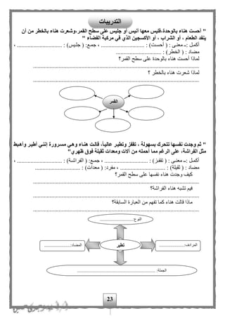 23
"،‫بالوحدة‬ ‫هناء‬ ‫أحست‬‫من‬ ‫بالخطر‬ ‫هناء‬ ‫القمر،وشعرت‬ ‫سطح‬ ‫على‬ ‫جليس‬ ‫أو‬ ‫أنيس‬ ‫معها‬ ‫فليس‬‫أن‬
‫الفضاء‬ ‫مركبة‬ ‫في‬ ‫الذي‬ ‫األكسجين‬ ‫أو‬ ، ‫الشراب‬ ‫أو‬ ، ‫الطعام‬ ‫ينفد‬"
( : ‫مى‬‫م‬‫معن‬ ‫م‬‫م‬: ‫مل‬‫م‬‫أكم‬‫مت‬‫م‬‫أحس‬( :‫مع‬‫م‬‫جم‬ ، ............................. : )‫ميح‬‫م‬‫جل‬، .............................. : )
( : ‫مهاد‬‫طر‬ ‫ال‬. : ).............................
‫القمر؟‬ ‫سطح‬ ‫على‬ ‫بالوحدة‬ ‫هناء‬ ‫أحست‬ ‫لماذا‬
..............................................................................................................
‫؟‬ ‫طر‬ ‫بال‬ ‫هناء‬ ‫شعرت‬ ‫لماذا‬
..............................................................................................................
"‫هنةاء‬ ‫قالةت‬ ،‫عاليةا‬ ‫وتطيةر‬ ‫تقفز‬ ، ‫بسهولة‬ ‫تتحرك‬ ‫نفسها‬ ‫وجدت‬ ‫ثم‬‫وأهةبط‬ ‫أطيةر‬ ‫إننةي‬ ‫مسةرورة‬ ‫وهةي‬
"‫ظهري‬ ‫فوق‬ ‫ثقيلة‬ ‫ومعدات‬ ‫آالت‬ ‫من‬ ‫أحمله‬ ‫مما‬ ‫الرغم‬ ‫على‬ ،‫الفراشة‬ ‫مثل‬
، .............................. : )‫مة‬‫م‬‫الفراش‬ ( :‫مع‬‫م‬‫جم‬ ، ............................. : )‫مز‬‫م‬‫تقف‬ ( : ‫مى‬‫م‬‫معن‬ ‫م‬‫م‬: ‫مل‬‫م‬‫أكم‬
:‫مفرد‬ ، .............................. : )‫ثقيلة‬ ( : ‫مهاد‬.............................. : )‫معدات‬ (
‫القمر؟‬ ‫سطح‬ ‫على‬ ‫نفسها‬ ‫هناء‬ ‫وجدت‬ ‫كيف‬
..............................................................................................................
‫الفراشة؟‬ ‫هناء‬ ‫تشبه‬ ‫في‬
..............................................................................................................
‫السابقة؟‬ ‫العبارة‬ ‫من‬ ‫تفه‬ ‫كما‬ ‫هناء‬ ‫قالت‬ ‫ماذا‬
..............................................................................................................
.............................:‫النوع‬
...
......................:‫المرادف‬
...
..................:‫المهاد‬.....
..................................................................... :‫الجملة‬
‫تطير‬
‫القمر‬
‫التدريبات‬
 