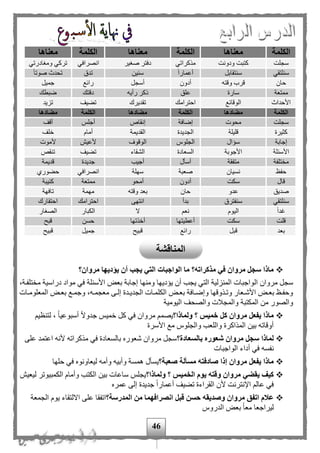 46
‫الكلمة‬‫معناها‬‫الكلمة‬‫معناها‬‫الكلمة‬‫معناها‬
‫سجلت‬‫ودونت‬ ‫كتبت‬‫مذكر‬‫اتي‬‫صغير‬ ‫دفتر‬‫انصرافي‬‫ومغادرتي‬ ‫تركي‬
‫سنلتقي‬‫سنتقابل‬‫ا‬‫ا‬‫أعمار‬‫سنين‬‫تدق‬‫ا‬‫ا‬‫صوت‬ ‫تحدث‬
‫حان‬‫وقته‬ ‫قرب‬‫أدون‬‫أسجل‬‫رائع‬‫جميل‬
‫ممتعة‬‫سارة‬‫علق‬‫رأيه‬ ‫ذكر‬‫دقتك‬‫ضبطك‬
‫األحداث‬‫الوقائع‬‫احترامك‬‫تقديرك‬‫تهيف‬‫تزيد‬
‫الكلمة‬‫مضادها‬‫الكلمة‬‫مضادها‬‫الكلمة‬‫مضادها‬
‫سجلت‬‫محوت‬‫إضافة‬‫إنقاص‬‫أجلح‬‫أقف‬
‫كثيرة‬‫قليلة‬‫الجديدة‬‫القديمة‬‫أمام‬‫خلف‬
‫إجابة‬‫سؤال‬‫الجلوس‬‫الوقوف‬‫ألعيف‬‫ألموت‬
‫األسئلة‬‫األجوبة‬‫السعادة‬‫الشقاء‬‫تهيف‬‫تنقص‬
‫تلفة‬ ‫م‬‫متفقة‬‫أسأل‬‫أجيب‬‫جديدة‬‫قديمة‬
‫حفظ‬‫نسيان‬‫صعبة‬‫سهلة‬‫انصرافي‬‫حهورى‬
‫قال‬‫سكت‬‫أدون‬‫أمحو‬‫ممتعة‬‫كئ‬‫يبة‬
‫صديق‬‫عدو‬‫حان‬‫وقته‬ ‫بعد‬‫مهمة‬‫تافهة‬
‫سنلتقي‬‫سنفترق‬‫بدأ‬‫انتهى‬‫احترامك‬‫احتقارك‬
‫ا‬‫ا‬‫غد‬‫اليوم‬‫نع‬‫ال‬‫الكبار‬‫الصغار‬
‫قلت‬‫سكت‬‫أعطيتها‬‫أخذتها‬‫حسن‬‫قبح‬
‫بعد‬‫قبل‬‫رائع‬‫قبيح‬‫جميل‬‫قبيح‬
‫مروان؟‬ ‫يؤديها‬ ‫أن‬ ‫يجب‬ ‫التي‬ ‫الواجبات‬ ‫ما‬ ‫مذكراته؟‬ ‫في‬ ‫مروان‬ ‫سجل‬ ‫ماذا‬
‫ال‬ ‫مروان‬ ‫سجل‬،‫تلفمة‬ ‫م‬ ‫دراسية‬ ‫مواد‬ ‫في‬ ‫األسئلة‬ ‫بعض‬ ‫إجابة‬ ‫ومنها‬ ‫يؤديها‬ ‫أن‬ ‫يجب‬ ‫التي‬ ‫المنزلية‬ ‫واجبات‬
‫مات‬‫م‬‫المعلوم‬ ‫مض‬‫م‬‫بع‬ ‫مع‬‫م‬‫وجم‬ ،‫مه‬‫م‬‫معجم‬ ‫مى‬‫م‬‫إل‬ ‫مدة‬‫م‬‫الجدي‬ ‫مات‬‫م‬‫الكلم‬ ‫مض‬‫م‬‫بع‬ ‫مافة‬‫م‬‫وإض‬ ‫مذوقها‬‫م‬‫وت‬ ‫معار‬‫م‬‫األش‬ ‫مض‬‫م‬‫بع‬ ‫مظ‬‫م‬‫وحف‬
‫اليومية‬ ‫والصحف‬ ‫والمجلت‬ ‫المكتبة‬ ‫من‬ ‫والصور‬
‫ولماذا؟‬ ‫؟‬ ‫خميس‬ ‫كل‬ ‫مروان‬ ‫يفعل‬ ‫ماذا‬‫كل‬ ‫في‬ ‫مروان‬ ‫يصم‬‫لتنظي‬ ، ‫ا‬‫ا‬‫أسبوعي‬ ‫ا‬‫ال‬‫جدو‬ ‫خميح‬
‫األسرة‬ ‫مع‬ ‫والجلوس‬ ‫واللعب‬ ‫المذاكرة‬ ‫بين‬ ‫أوقاته‬
‫بالسعادة؟‬ ‫شعوره‬ ‫مروان‬ ‫سجل‬ ‫لماذا‬‫على‬ ‫اعتمد‬ ‫ألنه‬ ‫مذكراته‬ ‫في‬ ‫بالسعادة‬ ‫شعوره‬ ‫مروان‬ ‫سجل‬
‫الواجبات‬ ‫أداء‬ ‫في‬ ‫نفسه‬
‫صعبة؟‬ ‫مسألة‬ ‫صادفته‬ ‫إذا‬ ‫مروان‬ ‫يفعل‬ ‫ماذا‬‫حله‬ ‫في‬ ‫ليعاونوه‬ ‫وأمه‬ ‫وأبيه‬ ‫همسة‬ ‫يسأل‬‫ا‬
‫ولماذا؟‬ ‫؟‬ ‫الخميس‬ ‫يوم‬ ‫وقته‬ ‫مروان‬ ‫يقضي‬ ‫كيف‬‫ليعيف‬ ‫الكمبيوتر‬ ‫وأمام‬ ‫الكتب‬ ‫بين‬ ‫ساعات‬ ‫يجلح‬
‫عمره‬ ‫إلى‬ ‫جديدة‬ ‫ا‬‫ا‬‫أعمار‬ ‫تهيف‬ ‫القراءة‬ ‫ألن‬ ‫اإلنترنت‬ ‫عال‬ ‫في‬
‫المدرسة؟‬ ‫من‬ ‫انصرافهما‬ ‫قبل‬ ‫حسن‬ ‫وصديقه‬ ‫مروان‬ ‫اتفق‬ ‫عالم‬‫الجمعة‬ ‫يوم‬ ‫االلتقاء‬ ‫على‬ ‫اتفقا‬
‫الدروس‬ ‫بعض‬ ‫ا‬‫ا‬‫مع‬ ‫ليراجعا‬
‫المناقشة‬
 