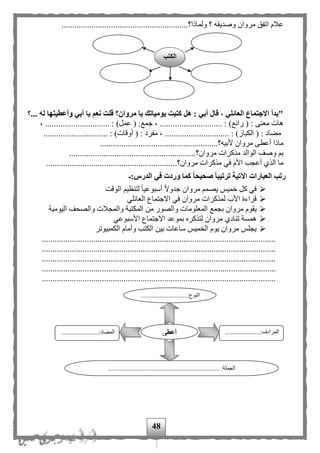 48
‫وصديق‬ ‫مروان‬ ‫اتفق‬ ‫علم‬‫ولماذا؟‬ ‫؟‬ ‫ه‬...........................................................
‫...؟‬ ‫له‬ ‫وأعطيتها‬ ‫أبي‬ ‫يا‬ ‫نعم‬ ‫قلت‬ ‫مروان؟‬ ‫يا‬ ‫يومياتك‬ ‫كتبت‬ ‫هل‬ : ‫أبي‬ ‫قال‬ ، ‫العائلي‬ ‫االجتماع‬ ‫"بدأ‬
......... : )‫رائع‬ ( : ‫معنى‬ ‫هات‬، .............................. : )‫عمل‬ ( :‫جمع‬ ، ....................
.............................. : )‫أوقات‬ ( : ‫مفرد‬ ، .............................. : )‫الكبار‬ ( : ‫مهاد‬
‫ألبيه؟‬ ‫مروان‬ ‫أعطى‬ ‫ماذا‬.......................................................
‫مروان؟‬ ‫مذكرات‬ ‫الوالد‬ ‫وصف‬ ‫ب‬...........................................................
‫مروان؟‬ ‫مذكرات‬ ‫في‬ ‫األم‬ ‫أعجب‬ ‫الذى‬ ‫ما‬.............................................................
‫رتب‬‫الدرس:ـ‬ ‫في‬ ‫وردت‬ ‫كما‬ ‫صحيحا‬ ‫ترتيبا‬ ‫اآلتية‬ ‫العبارات‬
‫الوقت‬ ‫لتنظي‬ ‫ا‬‫ا‬‫أسبوعي‬ ‫ا‬‫ال‬‫جدو‬ ‫مروان‬ ‫يصم‬ ‫خميح‬ ‫كل‬ ‫في‬
‫العائلي‬ ‫االجتماع‬ ‫في‬ ‫مروان‬ ‫لمذكرات‬ ‫األب‬ ‫قراءة‬
‫المعلوما‬ ‫بجمع‬ ‫مروان‬ ‫يقوم‬‫اليومية‬ ‫والصحف‬ ‫والمجلت‬ ‫المكتبة‬ ‫من‬ ‫والصور‬ ‫ت‬
‫األسبوعي‬ ‫االجتماع‬ ‫بموعد‬ ‫لتذكره‬ ‫مروان‬ ‫تنادى‬ ‫همسة‬
‫الكمبيوتر‬ ‫وأمام‬ ‫الكتب‬ ‫بين‬ ‫ساعات‬ ‫ميح‬ ‫ال‬ ‫يوم‬ ‫مروان‬ ‫يجلح‬
.............................................................................................................
.............................................................................................................
.............................................................................................................
.............................................................................................................
.............................................................................................................
.............................:‫النوع‬
...
......................:‫المرادف‬
...
.......................:‫المهاد‬
........................ :‫الجملة‬.............................................
‫أعطى‬
‫الكتب‬
 