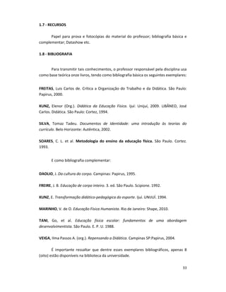 33
1.7 - RECURSOS
Papel para prova e fotocópias do material do professor; bibliografia básica e
complementar; Datashow etc.
1.8 - BIBLIOGRAFIA
Para transmitir tais conhecimentos, o professor responsável pela disciplina usa
como base teórica onze livros, tendo como bibliografia básica os seguintes exemplares:
FREITAS, Luis Carlos de. Crítica a Organização do Trabalho e da Didática. São Paulo:
Papirus, 2000.
KUNZ, Elenor (Org.). Didática da Educação Física. Ijuí: Unijuí, 2009. LIBÂNEO, José
Carlos. Didática. São Paulo: Cortez, 1994.
SILVA, Tomaz Tadeu. Documentos de Identidade: uma introdução às teorias do
currículo. Belo Horizonte: Autêntica, 2002.
SOARES, C. L. et al. Metodologia do ensino da educação física. São Paulo. Cortez.
1993.
E como bibliografia complementar:
DAOLIO, J. Da cultura do corpo. Campinas: Papirus, 1995.
FREIRE, J. B. Educação de corpo inteiro. 3. ed. São Paulo. Scipione. 1992.
KUNZ, E. Transformação didático-pedagógica do esporte. Ijuí. UNIJUÍ. 1994.
MARINHO, V. de O. Educação Física Humanista. Rio de Janeiro: Shape, 2010.
TANI, Go, et al. Educação física escolar: fundamentos de uma abordagem
desenvolvimentista. São Paulo. E. P. U. 1988.
VEIGA, Ilma Passos A. (org.). Repensando a Didática. Campinas SP:Papirus, 2004.
É importante ressaltar que dentre esses exemplares bibliográficos, apenas 8
(oito) estão disponíveis na biblioteca da universidade.
 