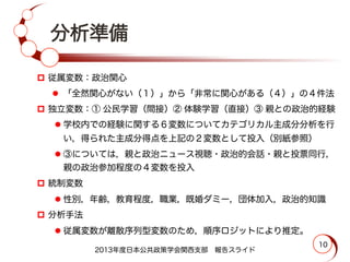 分析準備
p  従属変数：政治関心
l  「全然関心がない（１）」から「非常に関心がある（４）」の４件法
p  独立変数：① 公民学習（間接）② 体験学習（直接）③ 親との政治的経験
l 学校内での経験に関する６変数についてカテゴリカル主成分分析を行
い，得られた主成分得点を上記の２変数として投入（別紙参照）
l ③については，親と政治ニュース視聴・政治的会話・親と投票同行，
親の政治参加程度の４変数を投入
p  統制変数
l 性別，年齢，教育程度，職業，既婚ダミー，団体加入，政治的知識
p  分析手法
l 従属変数が離散序列型変数のため，順序ロジットにより推定。
2013年度日本公共政策学会関西支部 報告スライド
10
 
