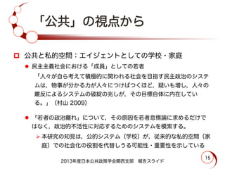 「公共」の視点から
2013年度日本公共政策学会関西支部 報告スライド
15
p  公共と私的空間：エイジェントとしての学校・家庭
l  民主主義社会における「成員」としての若者
「人々が自ら考えて積極的に関われる社会を目指す民主政治のシステ
ムは，物事が分かる力が人々につけばつくほど，疑いも増し，人々の
離反によるシステムの破綻の兆しが，その目標自体に内在してい
る。」（村山 2009）
l  「若者の政治離れ」について，その原因を若者怠惰論に求めるだけで
はなく，政治的不活性に対応するためのシステムを模索する。
Ø 本研究の知見は，公的システム（学校）が，従来的な私的空間（家
庭）での社会化の役割を代替しうる可能性・重要性を示している
 