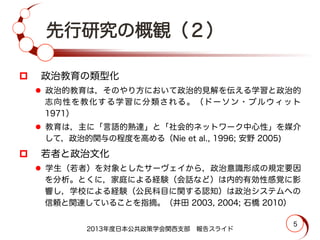 先行研究の概観（２）
p   政治教育の類型化
l  政治的教育は，そのやり方において政治的見解を伝える学習と政治的
志向性を教化する学習に分類される。（ドーソン・プルウィット
1971）
l  教育は，主に「言語的熟達」と「社会的ネットワーク中心性」を媒介
して，政治的関与の程度を高める（Nie et al., 1996; 安野 2005)
p   若者と政治文化
l  学生（若者）を対象としたサーヴェイから，政治意識形成の規定要因
を分析。とくに，家庭による経験（会話など）は内的有効性感覚に影
響し，学校による経験（公民科目に関する認知）は政治システムへの
信頼と関連していることを指摘。（井田 2003, 2004; 石橋 2010）
2013年度日本公共政策学会関西支部 報告スライド
5
 