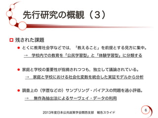 先行研究の概観（３）
p  残された課題
l  とくに教育社会学などでは，「教えること」を前提とする見方に集中。
→ 学校内での教育を「公民学習型」と「体験学習型」に分類する
l  家庭と学校の重要性が指摘されつつも，独立して議論されている。
  → 家庭と学校における社会化変数を統合した実証モデルから分析
l  調査上の（学歴などの）サンプリング・バイアスの問題を過小評価。
  →  無作為抽出法によるサーヴェイ・データの利用
2013年度日本公共政策学会関西支部 報告スライド
6
 