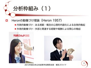 分析枠組み（１）
p   Heronの動機づけ理論（Heron 1957）
l 内発的動機づけ：ある規範・概念の心理的内面化による自発的喚起
l 外発的動機づけ：外部と関連する経験や報酬による関心の喚起
2013年度日本公共政策学会関西支部 報告スライド
7
 