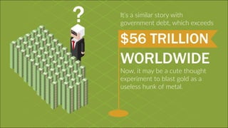 It's a similar story with
government debt, which exceeds
$56 TRILLION
WORLDWIDE
Now, it may be a cute thought
experiment to blast gold as a
useless hunk of metal.
