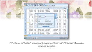 7. Pinchamos en “Casillas”, posteriormente marcamos “Observado”, “Columnas” y Redondear
recuentos de casillas.
 