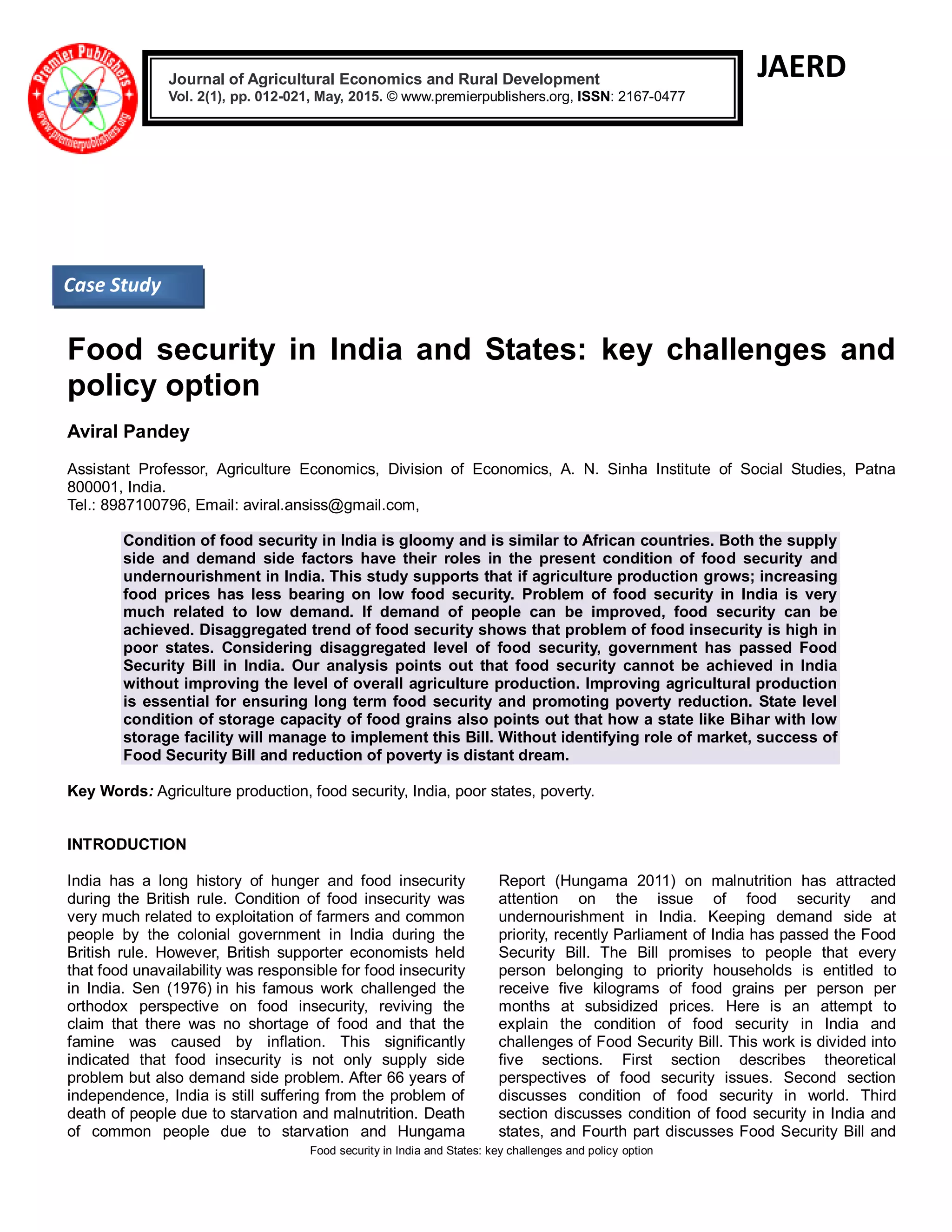 Food security in India and States: key challenges and policy option | PDF