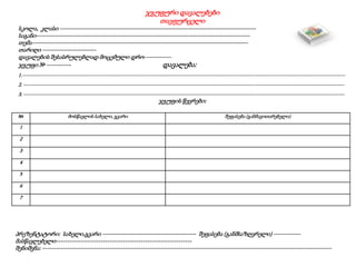 № მოსწავლის სახელი, გვარი შეფასება (განმავითარებელი)
1
2
3
4
5
6
7
ჯგუფური დავალებები
თავფურცელი
სკოლა, კლასი ----------------------------------------------------------------------------------------
საგანი------------------------------------------------------------------------------------------------
თემა-------------------------------------------------------------------------------------------------
თარიღი ------------------------
დავალების შესასრულებლად მოცემული დრო------------
ჯგუფი № ----------- დავალება:
1.------------------------------------------------------------------------------------------------------------------------------------------------------------------------------
2. -----------------------------------------------------------------------------------------------------------------------------------------------------------------------------
3. -----------------------------------------------------------------------------------------------------------------------------------------------------------------------------
ჯგუფის წევრები:
პრეზენტატორი: სახელი,გვარი ------------------------------------------ შეფასება (განმსაზღვრელი) ------------
მასწავლებელი-------------------------------------------------------------
შენიშვნა: ----------------------------------------------------------------------------------------------------------------------------------
 