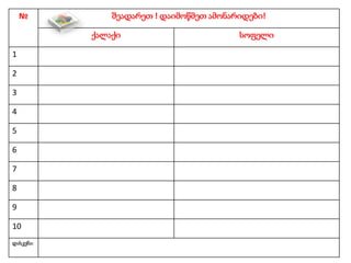 № შეადარეთ ! დაიმოწმეთ ამონარიდები!
ქალაქი სოფელი
1
2
3
4
5
6
7
8
9
10
დასკვნა:
 