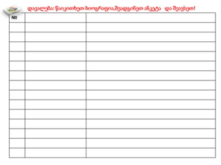 დავალება: წაიკითხეთ ბიოგრაფია,შეადგინეთ ანკეტა და შეავსეთ!
№
 