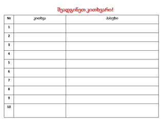 შეადგინეთ კითხვარი!
№ კითხვა პასუხი
1
2
3
4
5
6
7
8
9
10
 