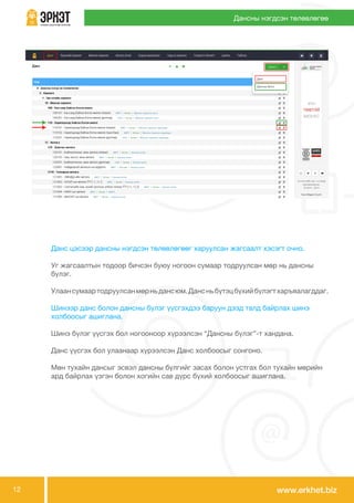 www.erkhet.biz12
Дансны нэгдсэн төлөвлөгөө
	 Данс цэсээр дансны нэгдсэн төлөвлөгөөг харуулсан жагсаалт хэсэгт очно.
	 Уг жагсаалтын тодоор бичсэн буюу ногоон сумаар тодруулсан мөр нь дансны 	
	 бүлэг.
	 Улаансумаартодруулсанмөрньдансюм.Дансньбүтэцбүхийбүлэгтхаръяалагддаг.
	 Шинээр данс болон дансны бүлэг үүсгэхдээ баруун дээд талд байрлах шинэ 	
	 холбоосыг ашиглана.
	 Шинэ бүлэг үүсгэх бол ногооноор хүрээлсэн “Дансны бүлэг”-т хандана.
	 Данс үүсгэх бол улаанаар хүрээлсэн Данс холбоосыг сонгоно.
	 Мөн тухайн дансыг эсвэл дансны бүлгийг засах болон устгах бол тухайн мөрийн 	
	 ард байрлах үзгэн болон хогийн сав дүрс бүхий холбоосыг ашиглана.
 