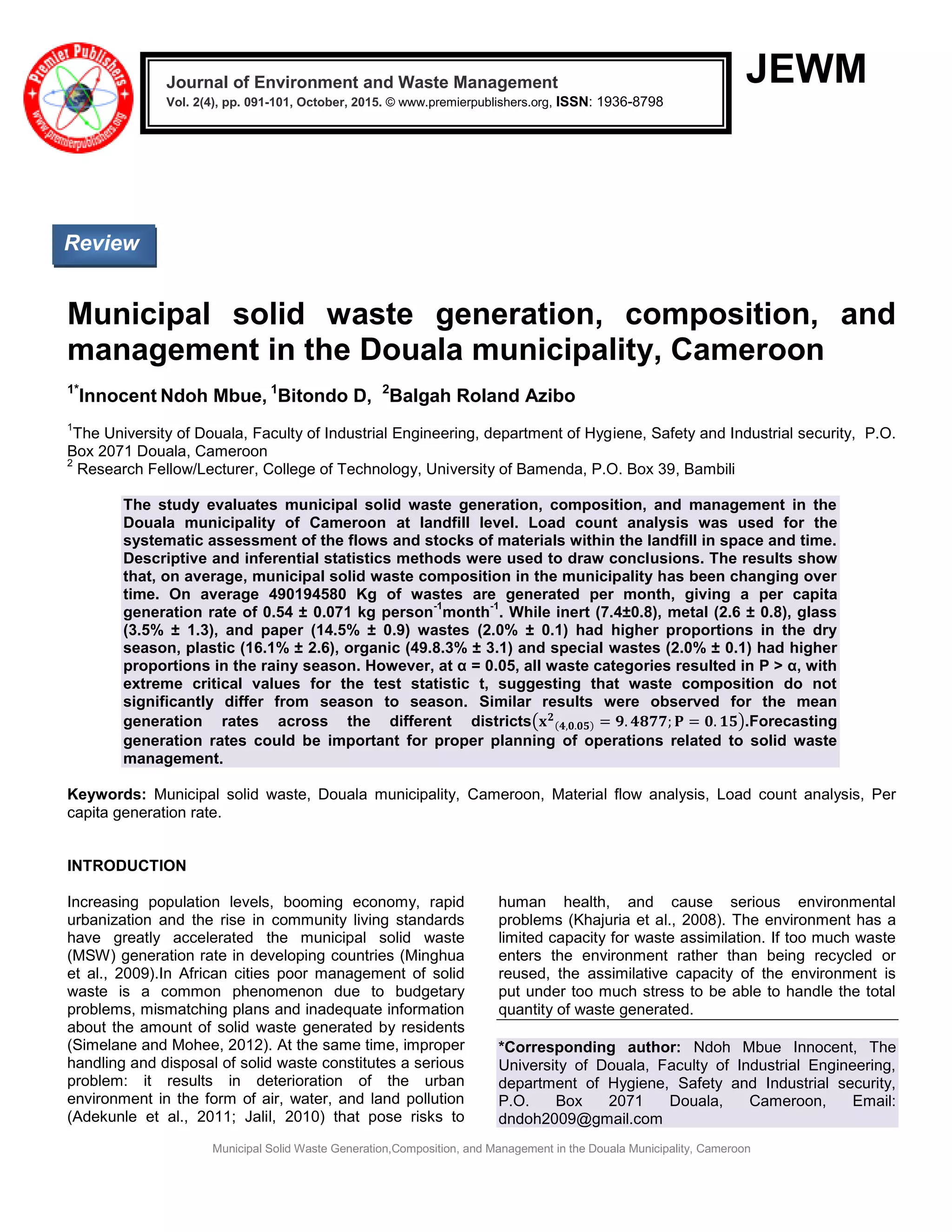 Municipal solid waste generation, composition, and management in the ...