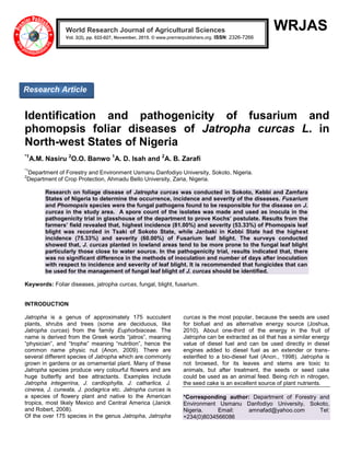WRJAS
Identification and pathogenicity of fusarium and
phomopsis foliar diseases of Jatropha curcas L. in
North-west States of Nigeria
*1
A.M. Nasiru 2
O.O. Banwo 1
A. D. Isah and 2
A. B. Zarafi
*1
Department of Forestry and Environment Usmanu Danfodiyo University, Sokoto, Nigeria.
2
Department of Crop Protection, Ahmadu Bello University, Zaria, Nigeria.
Research on foliage disease of Jatropha curcas was conducted in Sokoto, Kebbi and Zamfara
States of Nigeria to determine the occurrence, incidence and severity of the diseases. Fusarium
and Phomopsis species were the fungal pathogens found to be responsible for the disease on J.
curcas in the study area. A spore count of the isolates was made and used as inocula in the
pathogenicity trial in glasshouse of the department to prove Kochs’ postulate. Results from the
farmers’ field revealed that, highest incidence (81.00%) and severity (53.33%) of Phomopsis leaf
blight was recorded in Tsaki of Sokoto State, while Janbaki in Kebbi State had the highest
incidence (75.33%) and severity (60.00%) of Fusarium leaf blight. The surveys conducted
showed that, J. curcas planted in lowland areas tend to be more prone to the fungal leaf blight
particularly those close to water source. In the pathogenicity trial, results indicated that, there
was no significant difference in the methods of inoculation and number of days after inoculation
with respect to incidence and severity of leaf blight. It is recommended that fungicides that can
be used for the management of fungal leaf blight of J. curcas should be identified.
Keywords: Foliar diseases, jatropha curcas, fungal, blight, fusarium.
INTRODUCTION
Jatropha is a genus of approximately 175 succulent
plants, shrubs and trees (some are deciduous, like
Jatropha curcas) from the family Euphorbiaceae. The
name is derived from the Greek words “jatros”, meaning
“physician”, and “trophe” meaning “nutrition”, hence the
common name physic nut (Anon, 2009). There are
several different species of Jatropha which are commonly
grown in gardens or as ornamental plant. Many of these
Jatropha species produce very colourful flowers and are
huge butterfly and bee attractants. Examples include
Jatropha integerrina, J. cardiophylla, J. catharlica, J.
cinerea, J. cuneata, J. podagrica etc. Jatropha curcas is
a species of flowery plant and native to the American
tropics, most likely Mexico and Central America (Janick
and Robert, 2008).
Of the over 175 species in the genus Jatropha, Jatropha
curcas is the most popular, because the seeds are used
for biofuel and as alternative energy source (Joshua,
2010). About one-third of the energy in the fruit of
Jatropha can be extracted as oil that has a similar energy
value of diesel fuel and can be used directly in diesel
engines added to diesel fuel as an extender or trans-
esterified to a bio-diesel fuel (Anon., 1998). Jatropha is
not browsed, for its leaves and stems are toxic to
animals, but after treatment, the seeds or seed cake
could be used as an animal feed. Being rich in nitrogen,
the seed cake is an excellent source of plant nutrients.
*Corresponding author: Department of Forestry and
Environment Usmanu Danfodiyo University, Sokoto,
Nigeria. Email: amnafad@yahoo.com Tel:
+234(0)8034566086
World Research Journal of Agricultural Sciences
Vol. 2(2), pp. 022-027, November, 2015. © www.premierpublishers.org. ISSN: 2326-7266x
Research Article
 