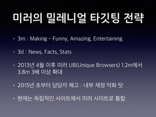 미러의 밀레니얼 타깃팅 전략
• 3m : Making - Funny, Amazing, Entertaining
• 3d : News, Facts, Stats
• 2013년 4월 이후 미러 UB(Unique Browsers) 1.2m에서
3.8m 3배 이상 확대
• 2015년 초부터 담당자 해고 : 내부 재정 악화 탓
• 현재는 독립적인 사이트에서 미러 사이트로 통합
 