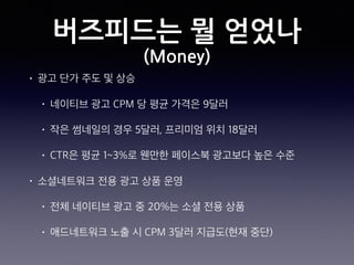 버즈피드는 뭘 얻었나
(Money)
• 광고 단가 주도 및 상승
• 네이티브 광고 CPM 당 평균 가격은 9달러
• 작은 썸네일의 경우 5달러, 프리미엄 위치 18달러
• CTR은 평균 1~3%로 웬만한 페이스북 광고보다 높은 수준
• 소셜네트워크 전용 광고 상품 운영
• 전체 네이티브 광고 중 20%는 소셜 전용 상품
• 애드네트워크 노출 시 CPM 3달러 지급도(현재 중단)
 