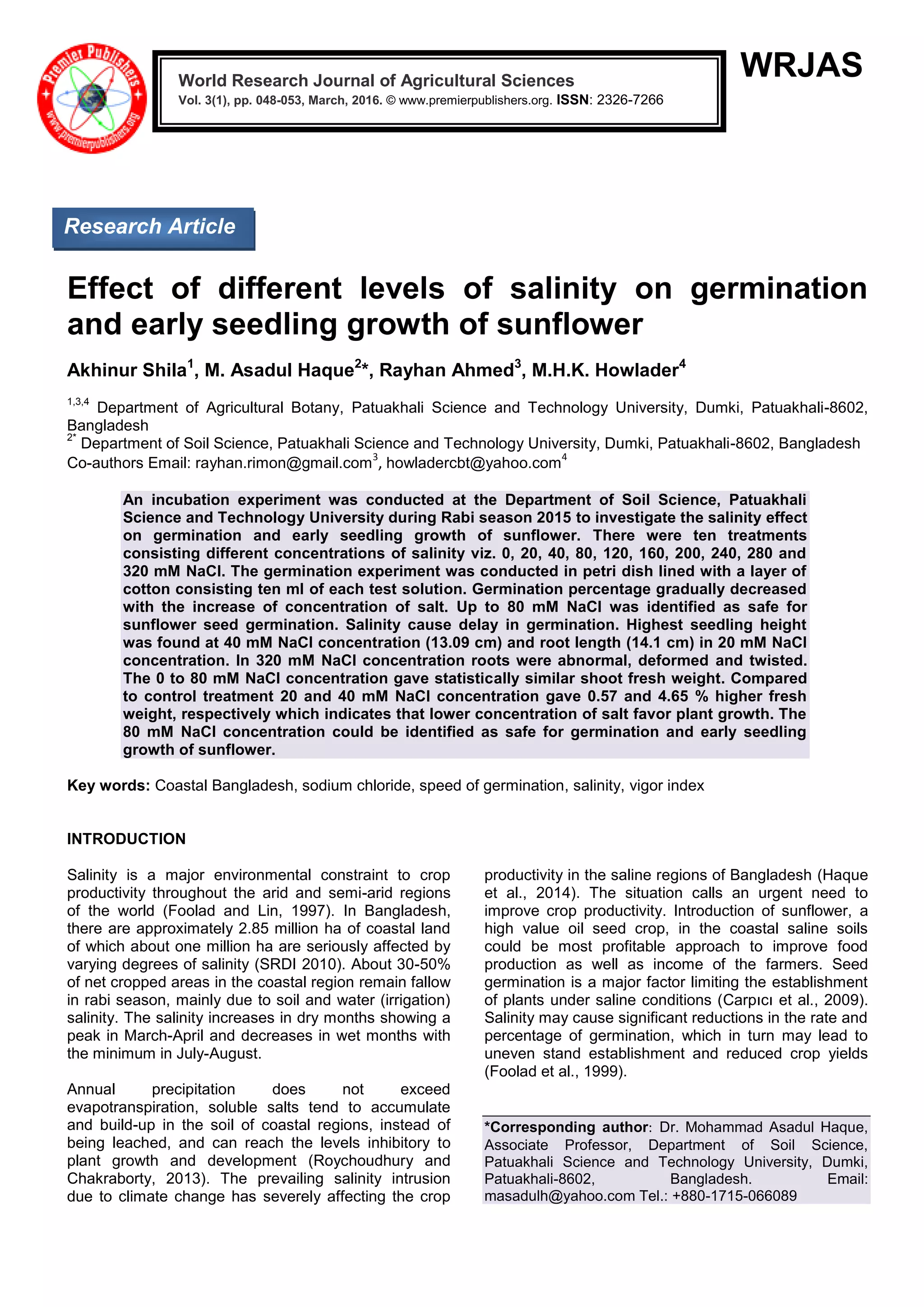 Effect of different levels of salinity on germination and early ...