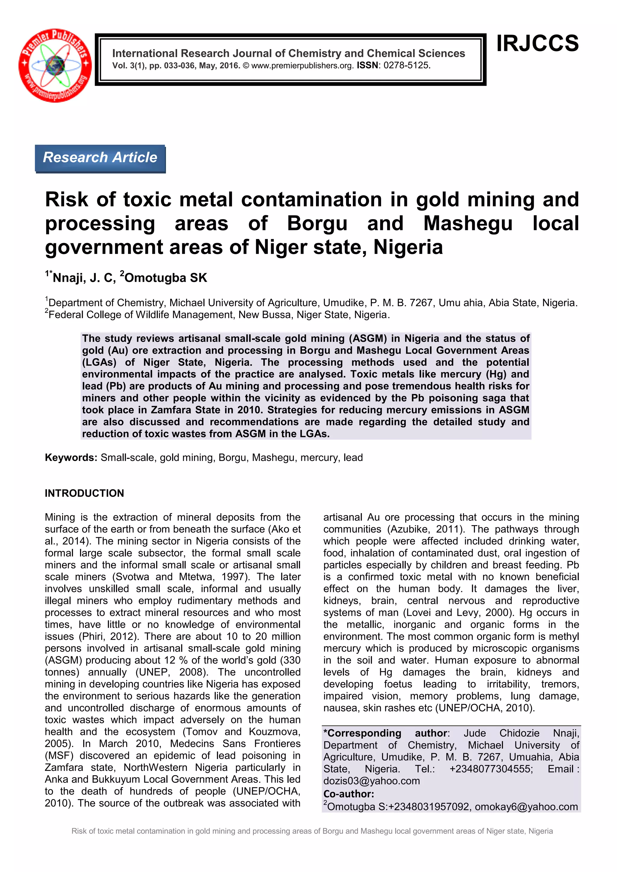 Risk of toxic metal contamination in gold mining and processing areas ...
