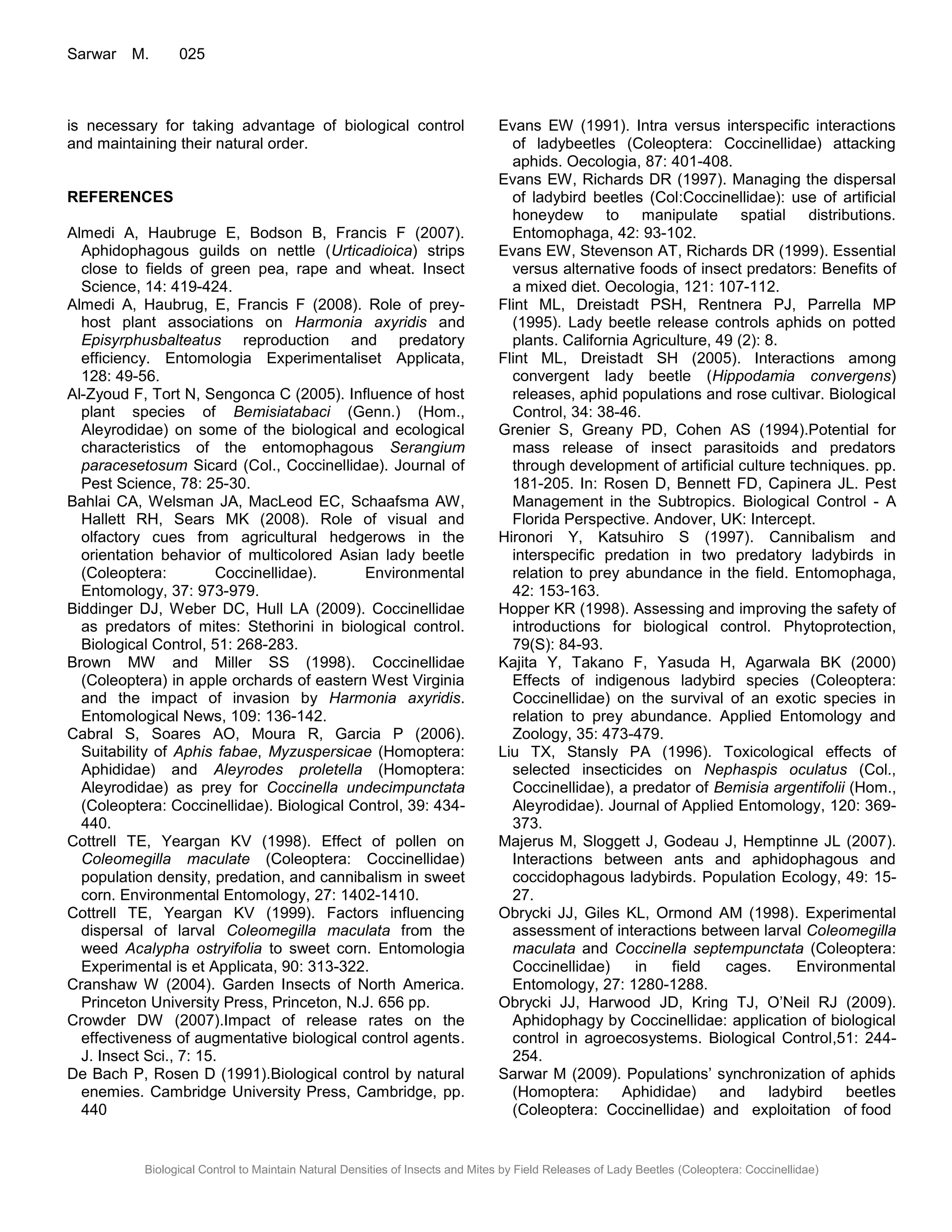 Biological Control to Maintain Natural Densities of Insects and Mites ...