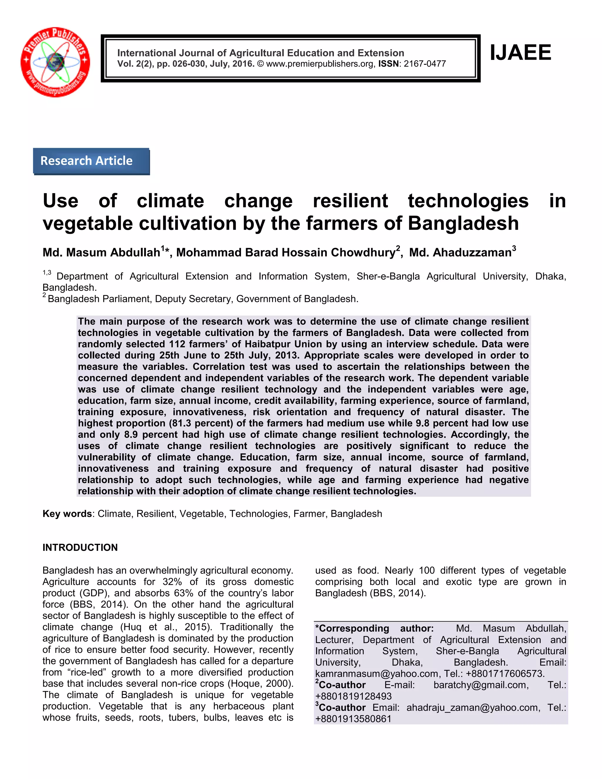 Use of climate change resilient technologies in vegetable cultivation ...