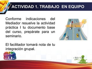 ACTIVIDAD 1. TRABAJO EN EQUIPO
Conforme indicaciones del
Mediador resuelve la actividad
práctica I tu documento base
del curso, prepárate para un
seminario.
El facilitador tomará nota de tu
integración grupal.
 