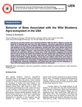 Behavior of Bees Associated with the Wild Blueberry Agro-ecosystem in the USA
IJEN
Behavior of Bees Associated with the Wild Blueberry
Agro-ecosystem in the USA
*Francis A. Drummond
*School of Biology and Ecology, 305 Deering Hall, University of Maine, Orono, Maine USA 04469
Email: frank.drummond@umit.maine.edu, Tel.: 207 581-2989, Fax: 207 581-2969
Greenhouse and field studies were conducted between 1996 and 2014 in Maine to assess the
behavior of selected bee taxa that visit wild blueberry, Vaccinium angustifolium (Ericaceae)
Aiton. Some of my findings are as follows. When individual foraging efficiency was assessed on
wild blueberry for four common bee pollinators, bumble bees were most efficient and honey
bees were the least efficient in terms of the number of pollen grains deposited on a stigma in a
single visit (P< 0.0001). However, I also found that the prior bumble bee visitation to flowers
enhanced the pollination efficacy of honey bees. Field observations suggested that bumble
bees recruit to plants with higher floral density and that bumble bees and andrenids forage for
longer periods of time in the day than sweat bees and Osmia leaf cutting bees; honey bees
showed intermediate foraging durations. Honey bees and solitary native bees were found to
forage at an increasing rate with increasing air temperature, while bumble bee queens tended to
forage independently of air temperature. Foraging patterns among the following bee taxa such
as bumble bees, andrenids, megachilids, and honey bees also varied and the implications of
these differing foraging patterns relative to pollination are discussed.
Keywords: Bees, wild blueberry, Vaccinium angustifolium, pollination efficiency, flower handling time, pollen deposition,
foraging pattern
INTRODUCTION
Wild lowbush blueberry, Vaccinium angustifolium
(Ericaceae) Aiton, is the largest (in terms of land area)
managed native wild fruit crop grown in North America
(Jones et al.; 2014). Wild blueberry naturally occurs from
the mountains of Virginia and West Virginia to the
Canadian Maritimes and Quebec west to Ontario and
Michigan (Vander Kloet, 1988, Jones et al., 2014). This
plant species generally grows in acidic, sandy soils and is
an early colonizer of disturbed areas (Hall et al., 1979;
Jones et al., 2014). It is a natural occurring understory
plant species in Northern Mixed Hardwood, Acadian, and
Boreal Forests (Jones et al., 2014) and a valuable food
resource for wildlife (Martin et al., 1951; Eaton, 1957).
Management or cultivation of wild blueberry was first
practiced by Native Americans (Munson, 1901;
Hedrick,1919) and later introduced to European colonists
(Davis, 1993). This tradition of clearing forest followed by
frequent burning of the landscape to reduce plant
competition with wild blueberry is still practiced by several
farmers today (Rose et al., 2014).
Currently, Maine is the largest producer of wild
blueberry in the world with more than 24,300 hectares
under cultivation (Yarborough, 2009). Insect pollination is
critical for the set of wild blueberry flowers and fruit
development (Lee, 1958; Vander Kloet, 1988; Bell et al.,
2009; Asare, 2013). The morphology of the flower with
poricidal anthers limits the species of insects that can
effectively pollinate wild blueberry (Ritzinger and Lyrene,
1999; Bell et al., 2009). There are more than 120 native
International Journal of Entomology and Nematology
Vol. 2(1), pp. 027-041, September, 2016. © www.premierpublishers.org.ISSN: 2326-7262
Research Article
 