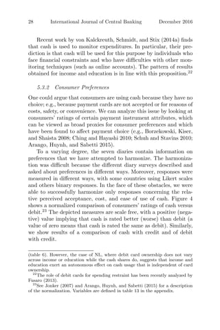 28 International Journal of Central Banking December 2016
Recent work by von Kalckreuth, Schmidt, and Stix (2014a) ﬁnds
that cash is used to monitor expenditures. In particular, their pre-
diction is that cash will be used for this purpose by individuals who
face ﬁnancial constraints and who have diﬃculties with other mon-
itoring techniques (such as online accounts). The pattern of results
obtained for income and education is in line with this proposition.22
5.3.2 Consumer Preferences
One could argue that consumers are using cash because they have no
choice; e.g., because payment cards are not accepted or for reasons of
costs, safety, or convenience. We can analyze this issue by looking at
consumers’ ratings of certain payment instrument attributes, which
can be viewed as broad proxies for consumer preferences and which
have been found to aﬀect payment choice (e.g., Borzekowski, Kiser,
and Shaista 2008; Ching and Hayashi 2010; Schuh and Stavins 2010;
Arango, Huynh, and Sabetti 2015).
To a varying degree, the seven diaries contain information on
preferences that we have attempted to harmonize. The harmoniza-
tion was diﬃcult because the diﬀerent diary surveys described and
asked about preferences in diﬀerent ways. Moreover, responses were
measured in diﬀerent ways, with some countries using Likert scales
and others binary responses. In the face of these obstacles, we were
able to successfully harmonize only responses concerning the rela-
tive perceived acceptance, cost, and ease of use of cash. Figure 4
shows a normalized comparison of consumers’ ratings of cash versus
debit.23
The depicted measures are scale free, with a positive (nega-
tive) value implying that cash is rated better (worse) than debit (a
value of zero means that cash is rated the same as debit). Similarly,
we show results of a comparison of cash with credit and of debit
with credit.
(table 6). However, the case of NL, where debit card ownership does not vary
across income or education while the cash shares do, suggests that income and
education exert an autonomous eﬀect on cash usage that is independent of card
ownership.
22
The role of debit cards for spending restraint has been recently analyzed by
Fusaro (2013).
23
See Jonker (2007) and Arango, Huynh, and Sabetti (2015) for a description
of the normalization. Variables are deﬁned in table 13 in the appendix.
 