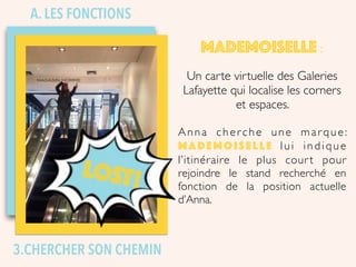 LOST!
3.CHERCHER SON CHEMIN
MADEMOISELLE :
Un carte virtuelle des Galeries
Lafayette qui localise les corners
et espaces.
Anna cherche une marque:
Mademoiselle lui indique
l’itinéraire le plus court pour
rejoindre le stand recherché en
fonction de la position actuelle
d’Anna.
A. LES FONCTIONS
 