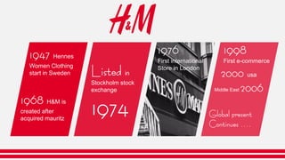 1947 Hennes
Women Clothing
start in Sweden
1968 H&M is
created after
acquired mauritz
Listed in
Stockholm stock
exchange
1974
1976
First international
Store in London
1998
First e-commerce
2000 usa
Middle East 2006
Global present
Continues ….
 
