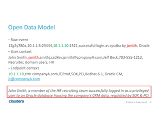 16©	Cloudera,	Inc.	All	rights	reserved.
Open	Data	Model
• Raw	event
1Zg2y780a,10.1.1.3:23444,10.1.1.10:1521,successful	login	as	sysdba by	jsmith,	Oracle
• User	context
John	Smith,	jsmith,smithj,csdkkv,jsmith@companyA.com,Jeff Beck,703-555-1212,	
Recruiter,	domain	users,	HR
• Endpoint	context
10.1.1.10,crm.companyA.com,IT,Prod,SOX,PCI,Redhat	6.1,	Oracle	CM,	
jt@companyA.com
John	Smith,	a	member	of	the	HR	recruiting	team	successfully	logged	in	as	a	privileged	
user	to	an	Oracle	database	housing	the	company’s	CRM	data,	regulated	by	SOX	&	PCI
 