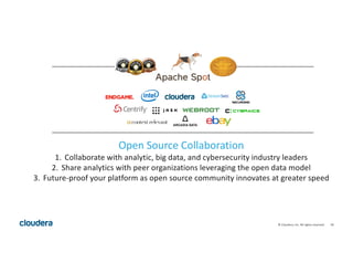 18©	Cloudera,	Inc.	All	rights	reserved.
Open	Source	Collaboration
1. Collaborate	with	analytic,	big	data,	and	cybersecurity industry	leaders
2. Share	analytics	with	peer	organizations	leveraging	the	open	data	model
3. Future-proof	your	platform	as	open	source	community	innovates	at	greater	speed
 