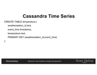 Questions? tiny.cloudera.com/app-arch-questions
Cassandra Time Series
CREATE TABLE temperature (
weatherstation_id text,
event_time timestamp,
temperature text,
PRIMARY KEY (weatherstation_id,event_time)
);
 